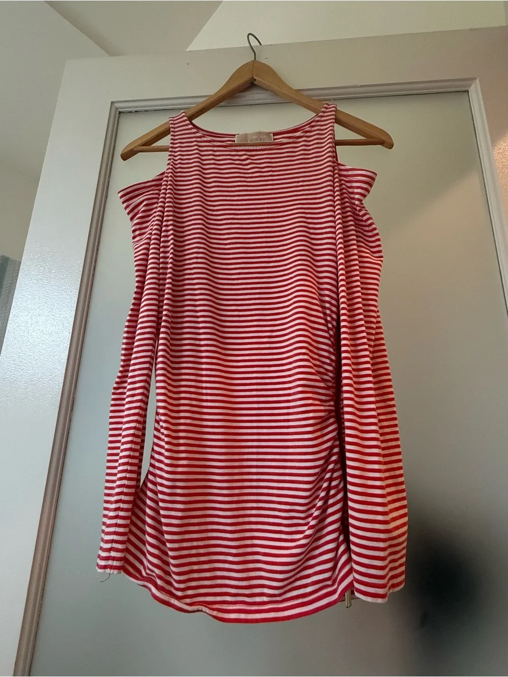 Michael Kors Red and White Striped Cold-Shoulder Long Sleeve Top
